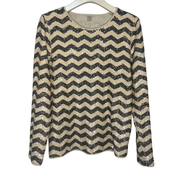 J. Crew Sequined Chevron Top Womens Medium Black Ivory Long Sleeve 100% Cotton - Picture 1 of 6